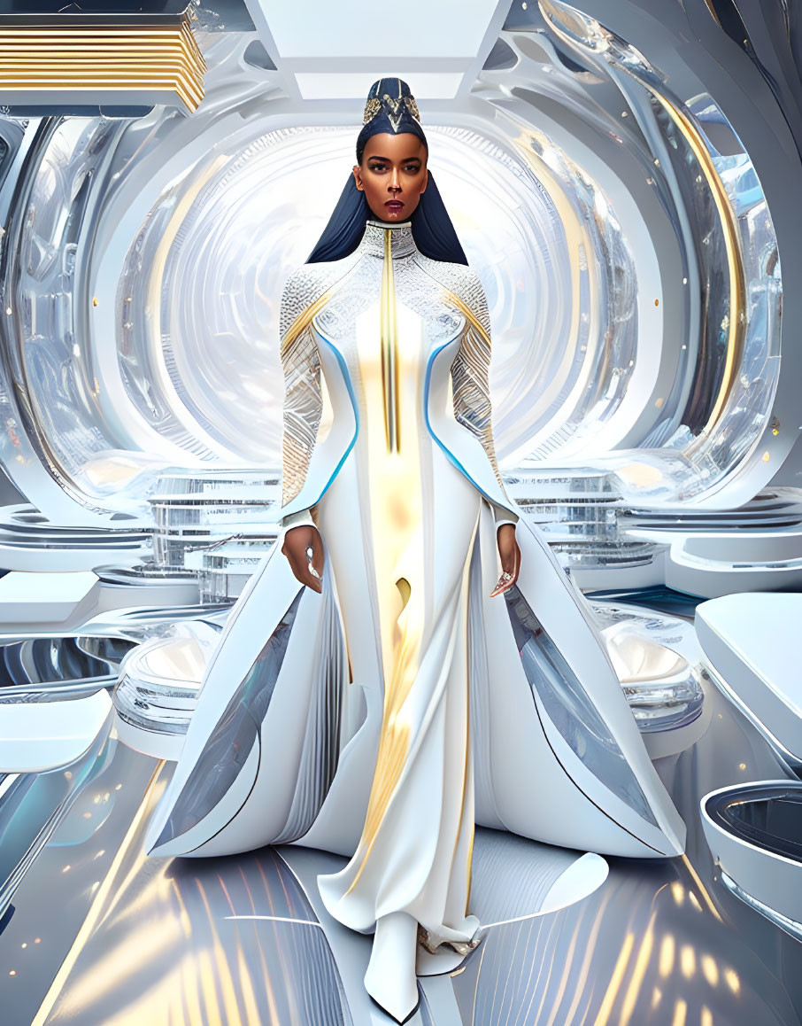 Regal woman in white-and-gold gown in futuristic sci-fi setting