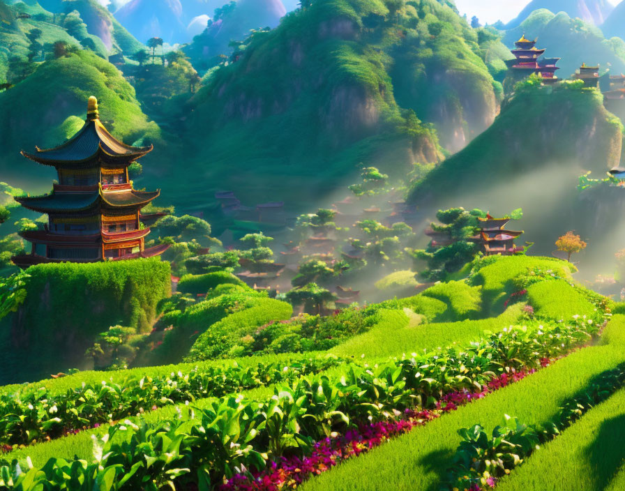 Scenic landscape with traditional pagodas, green hills, colorful flora, and misty valleys