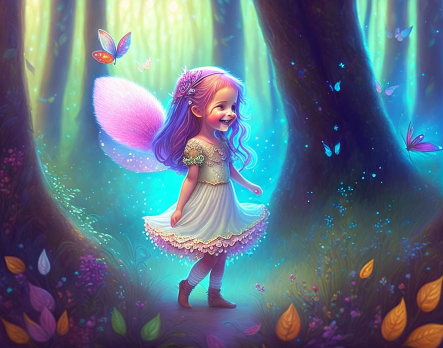 Young girl with fairy wings in magical forest with glowing butterflies