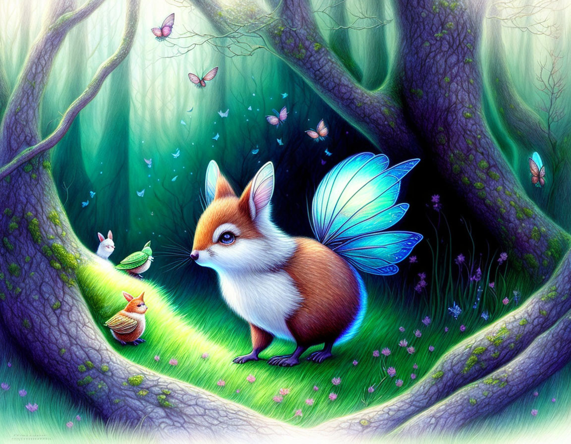 Illustration of Fox with Butterfly Wings in Enchanted Forest