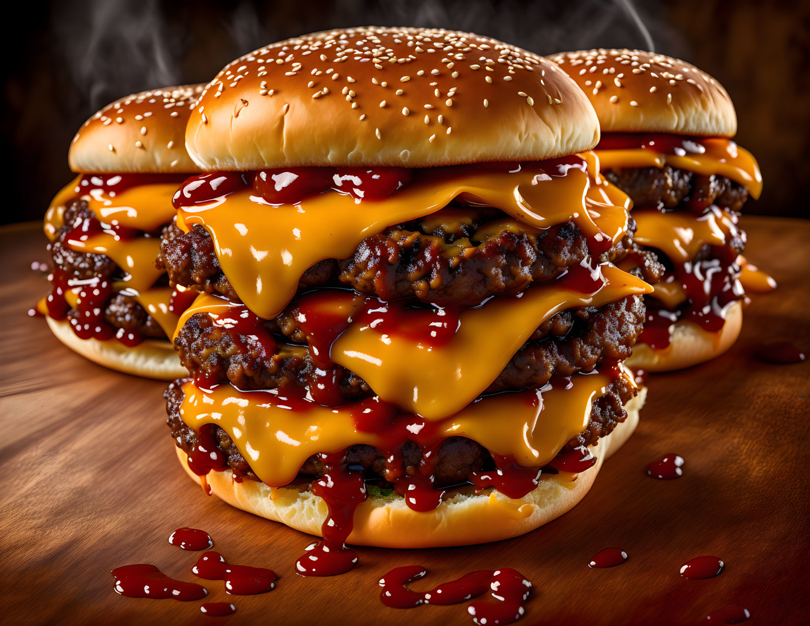 Melty cheeseburgers with sauce on wooden surface