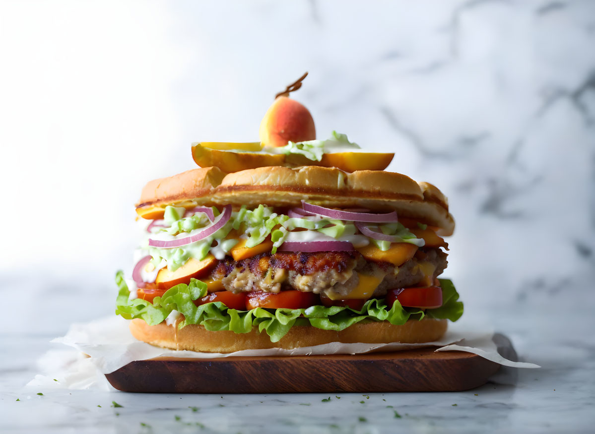 Classic Cheeseburger with Fresh Ingredients on Wooden Board