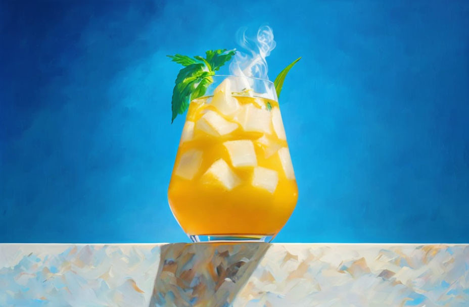 Colorful Illustration of Chilled Amber Drink with Mint and Ice