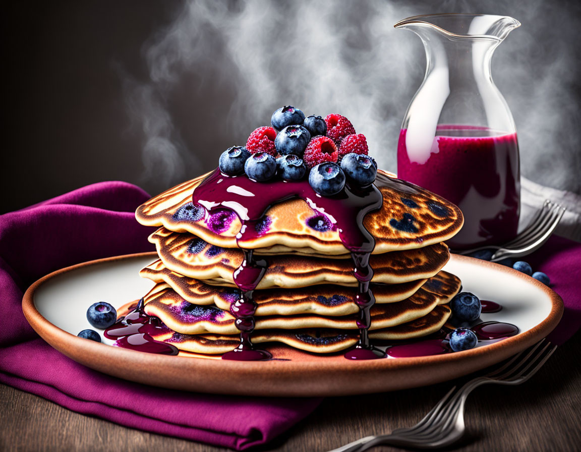 Fluffy blueberry pancakes with purple syrup on wooden table