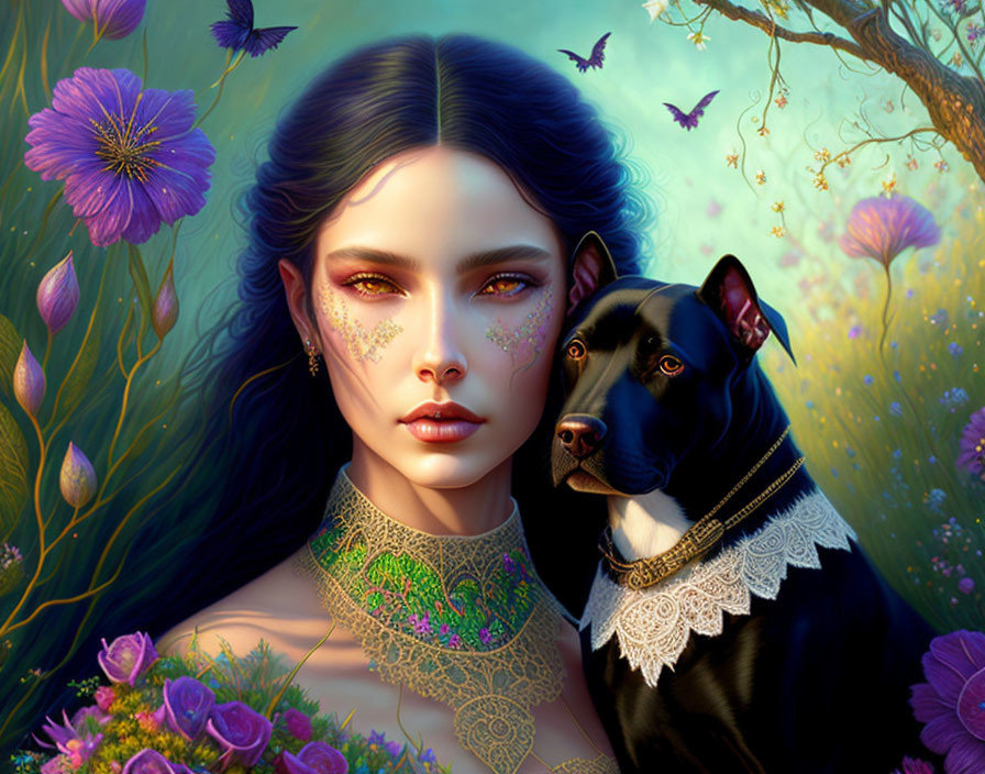 Fantastical portrait of woman with floral makeup and black dog in vibrant floral setting