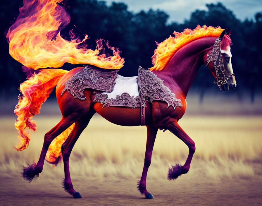 Digitally altered image: Horse with flaming mane and tail galloping in field with decorative saddle.