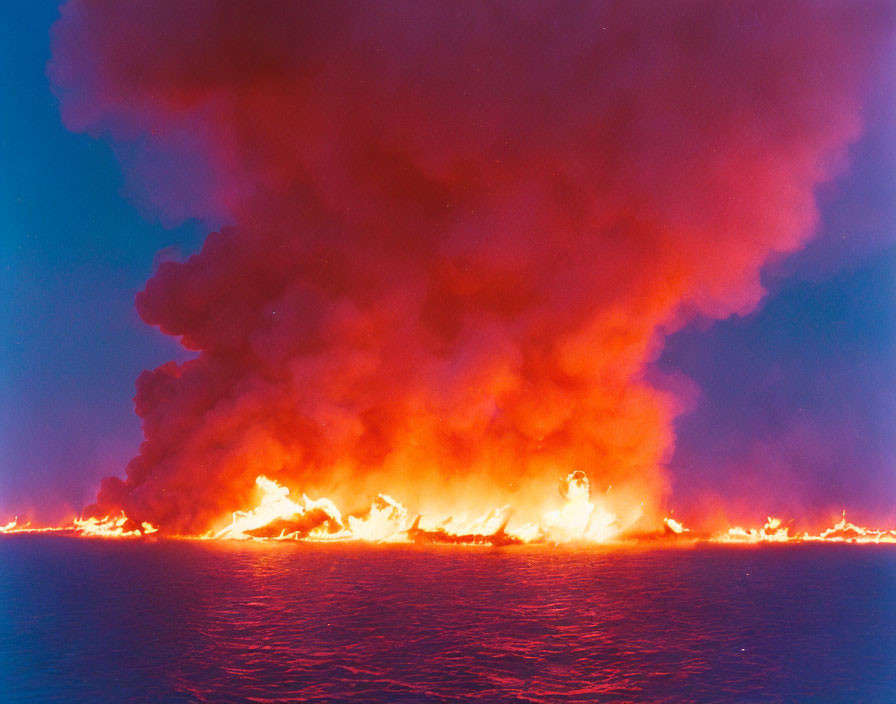 Intense Flames and Smoke Reflecting on Water at Night