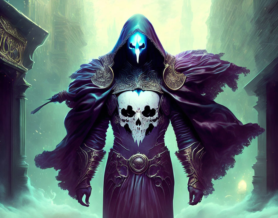 Dark Cloaked Figure with Skull Motif in Eerie Fantasy Setting