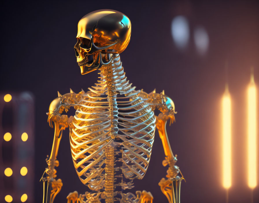 Golden skeleton on bokeh background with vertical light streaks