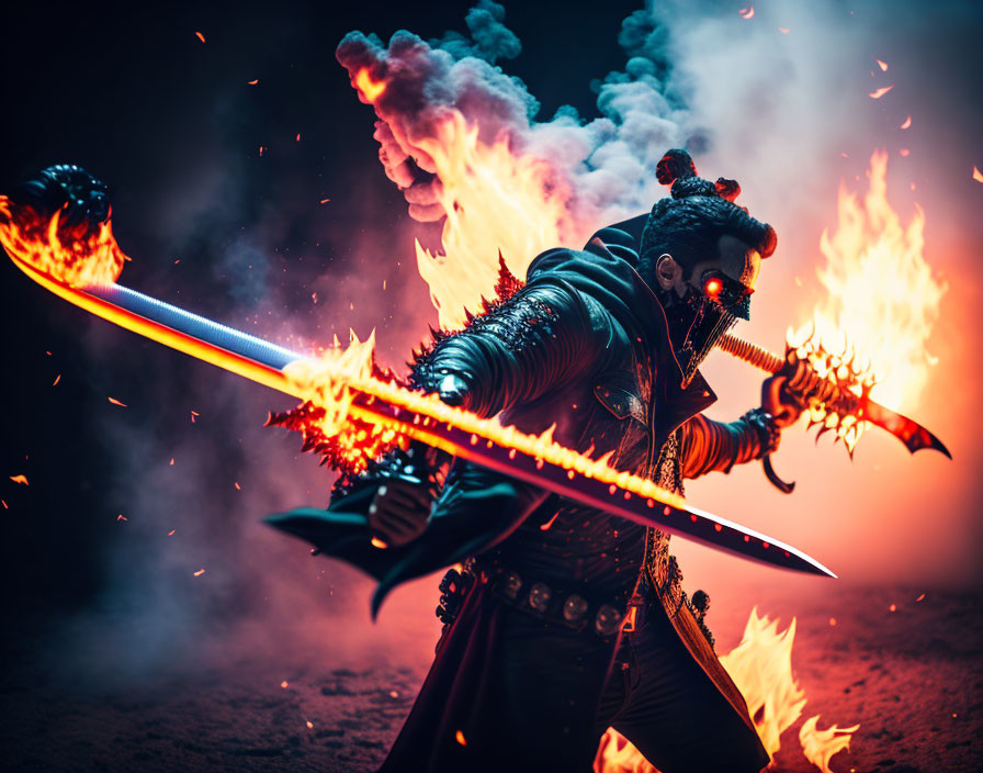 Fantasy warrior in glowing sword surrounded by flames and smoke