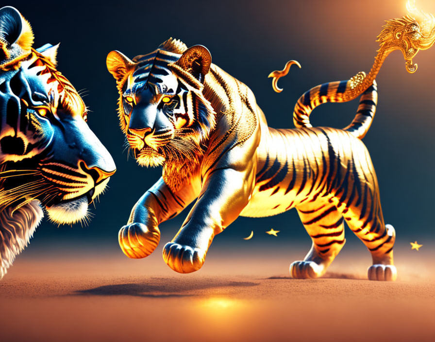 Illustrated tigers in blue neon and warm tones on a starry mystical background