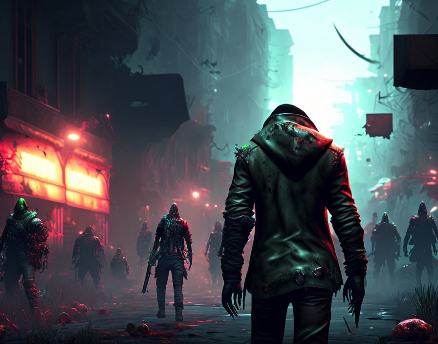 Dystopian street scene with zombie-like creatures in neon-lit setting