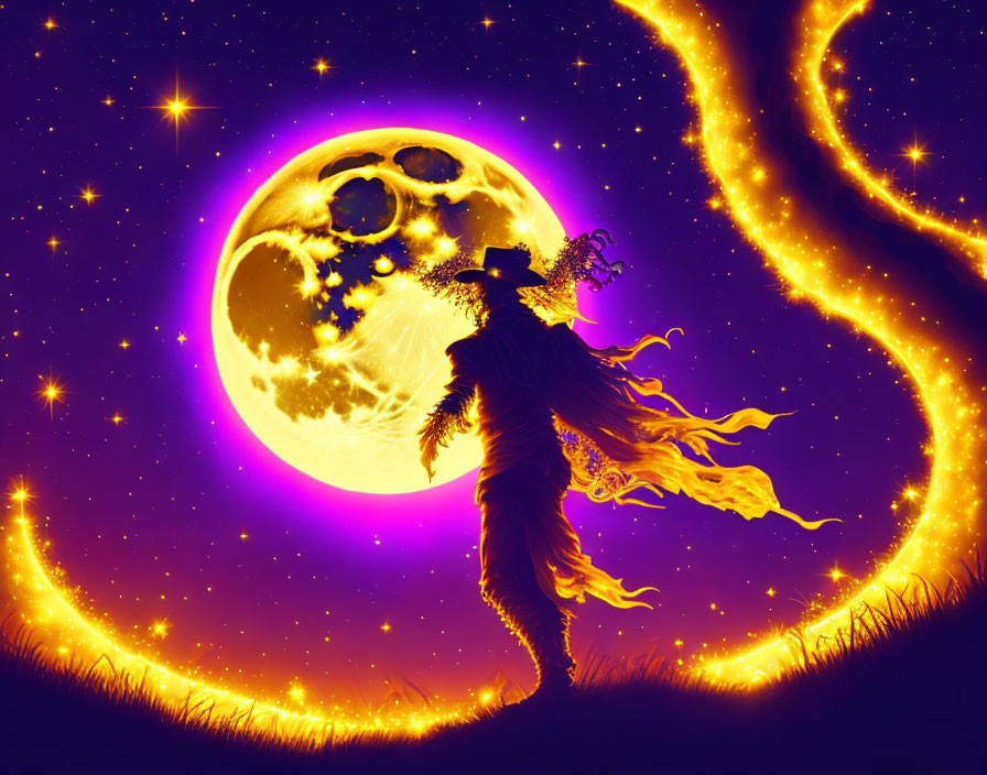 Silhouette of witch flying on broomstick under full moon