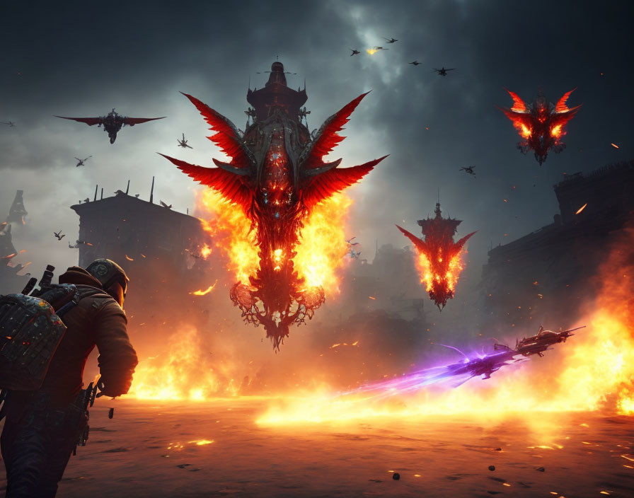 Fiery sky with flying creatures and battle scene in front of ominous structure