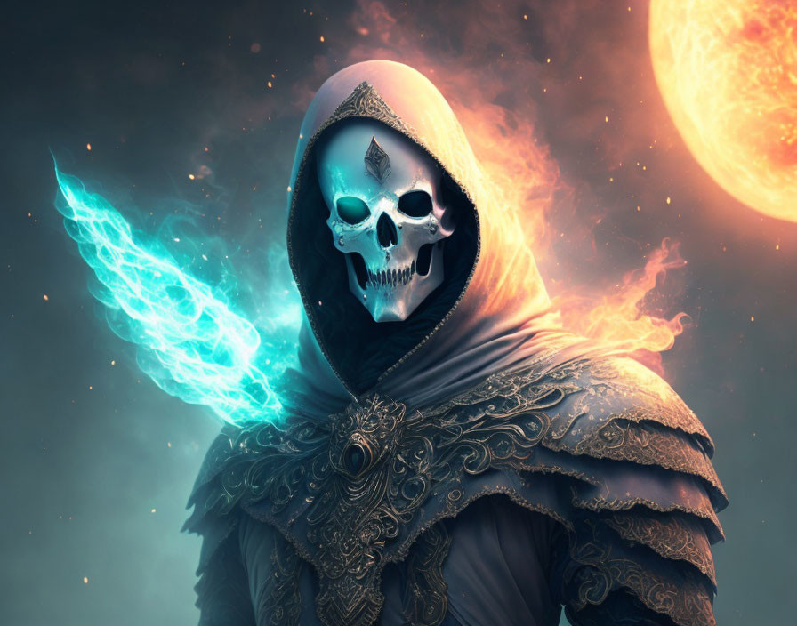 Skull-faced figure in hooded armor casting blue flame spell against fiery orange planet