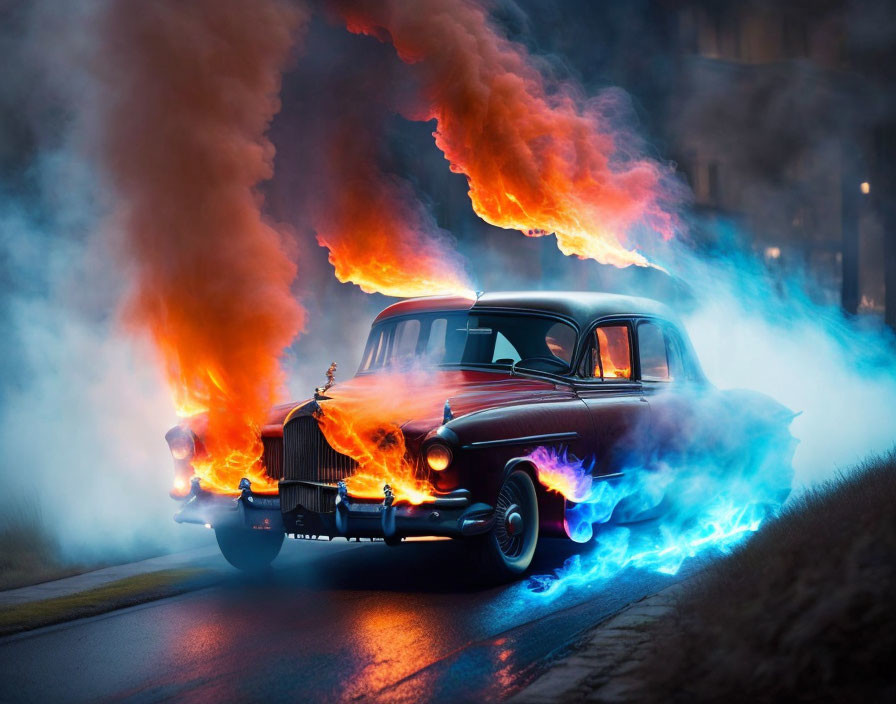 Vintage car with flaming exhaust on foggy road at twilight