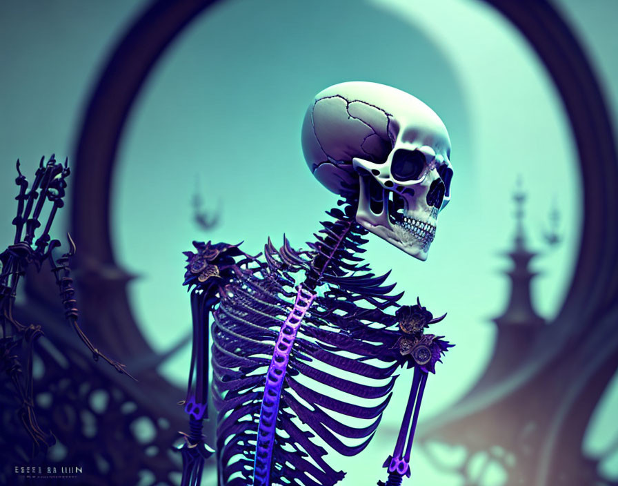 Detailed 3D rendering of human skeleton in surreal fractal background