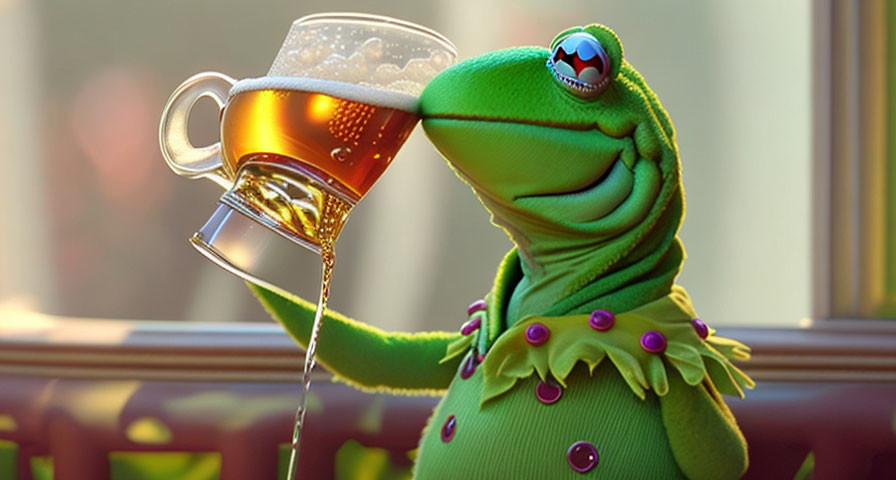 Green frog spills beer from tilted glass on blurred background