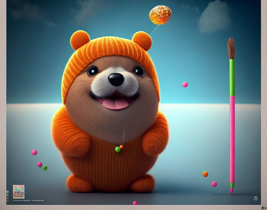 Cartoon beaver in orange knit outfit with lollipop on nose and scattered candies