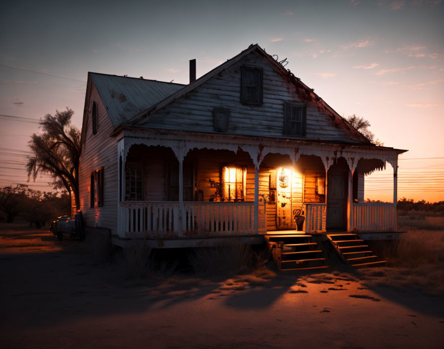 Rustic wooden house with porch at sunset among silhouetted trees