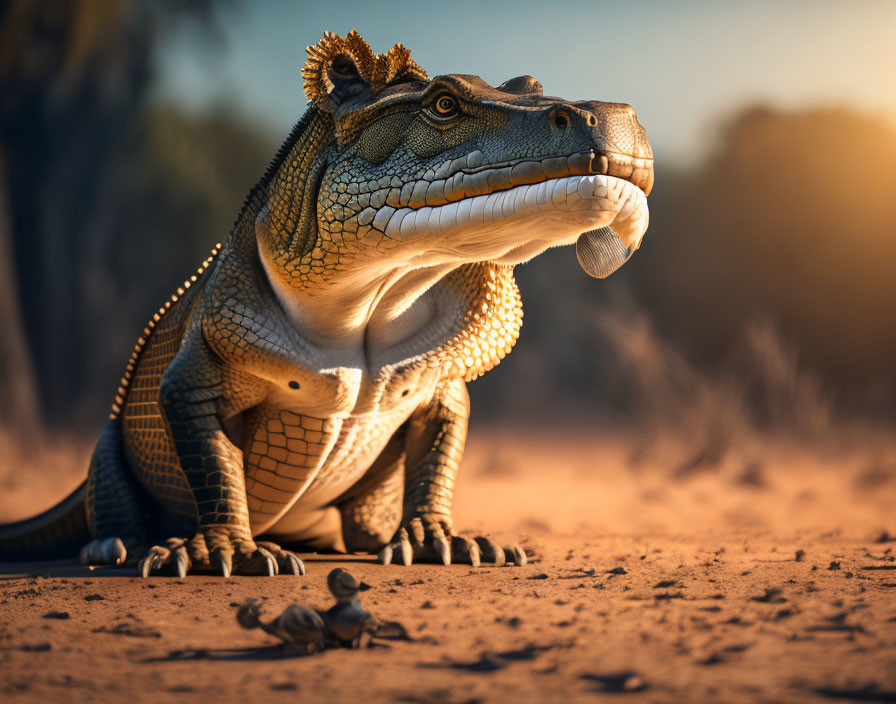 Large alligator basking in sunset glow on sandy terrain