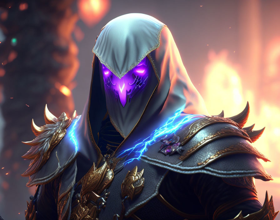 Ethereal blue light surrounds figure in ornate armor with glowing purple visor