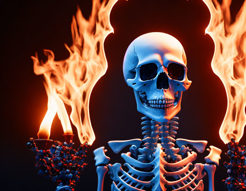 Sinister skeleton engulfed in flames on dark background