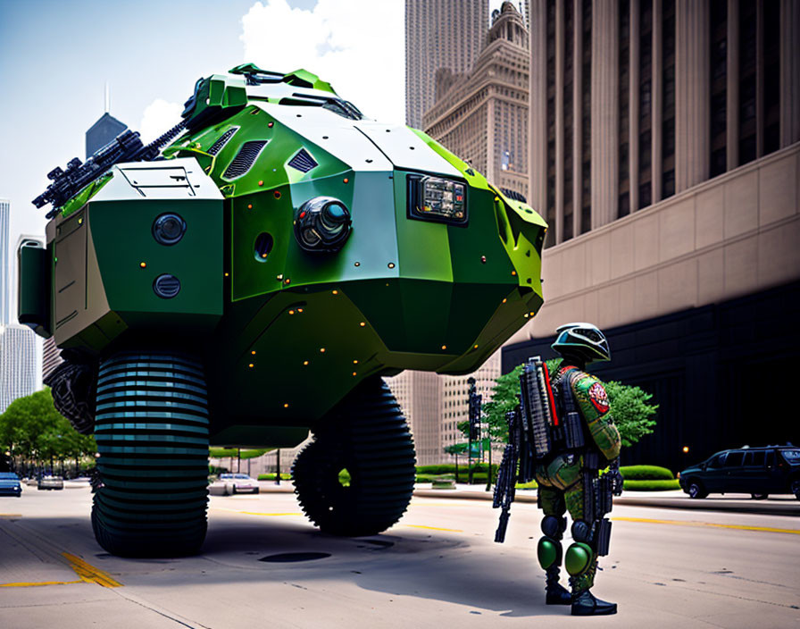 Futuristic green armored vehicle and soldier in camouflaged armor on city street