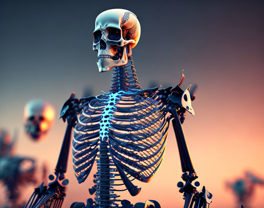 Human skeleton digital art with blue spinal area and floating skulls on orange gradient background