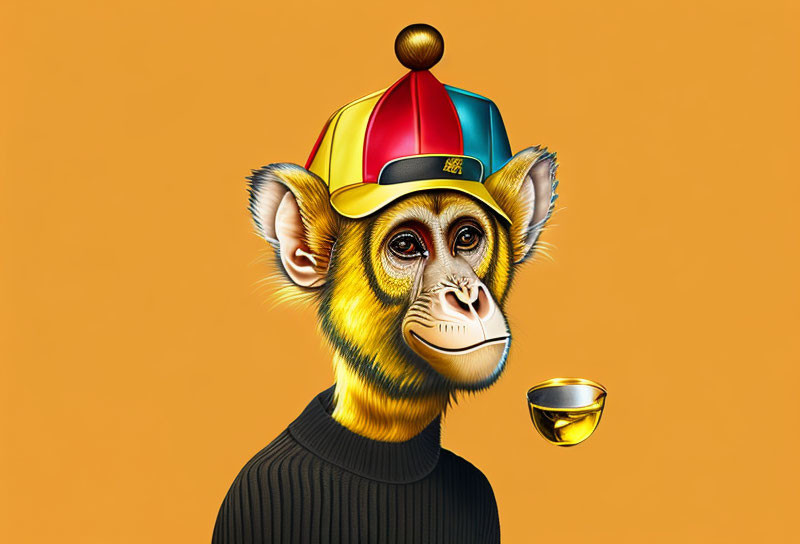 Digital artwork: Monkey in sweater and propeller hat with golden cup