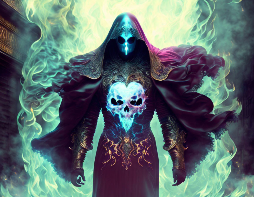 Hooded figure with glowing skull face in blue flames on ancient backdrop