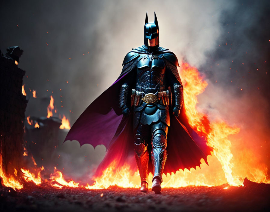 Elaborate Batman costume in fiery background