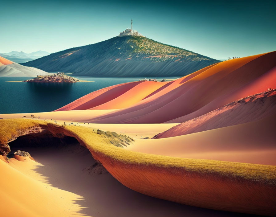 Orange Sand Dunes, Tranquil Lake, Hill Structure, Blue Sky