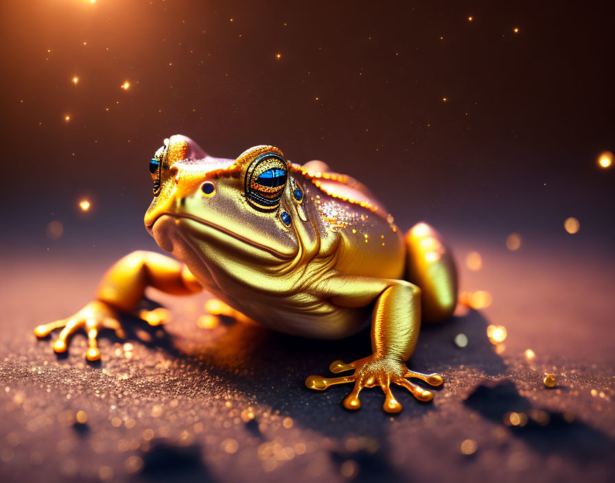 Colorful Frog with Glossy Skin in Warm Light Among Golden Specks