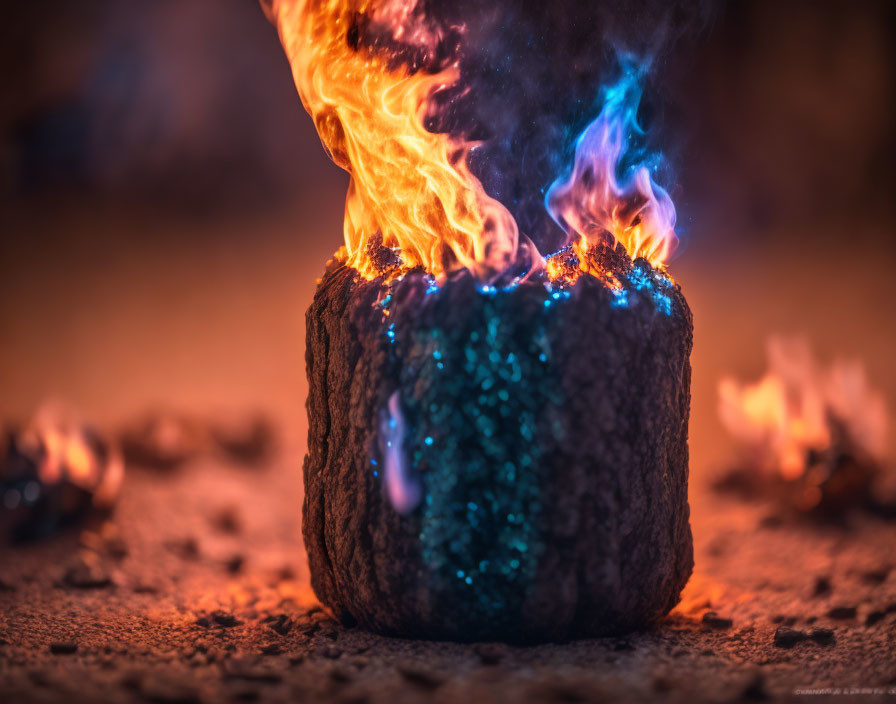 Colorful log engulfed in blue and orange flames on warm bokeh background