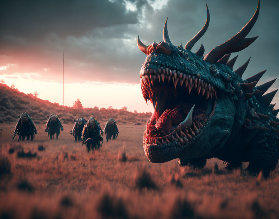 Fantasy dragon and warriors in red field under dramatic sky