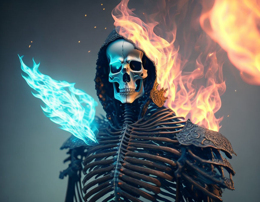 Golden masked skeletal figure in flames with ornate armor on grey background