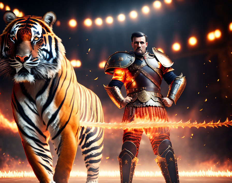 Armored warrior and tiger in fiery arena with illuminated audience