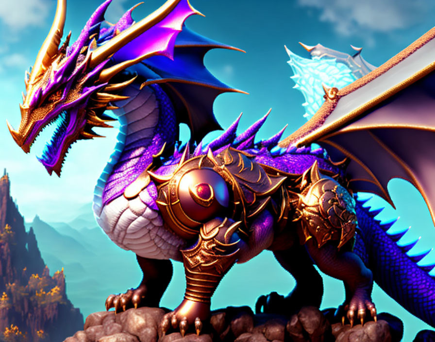 Purple and Gold Armored Dragon on Rocky Outcrop Under Blue Sky