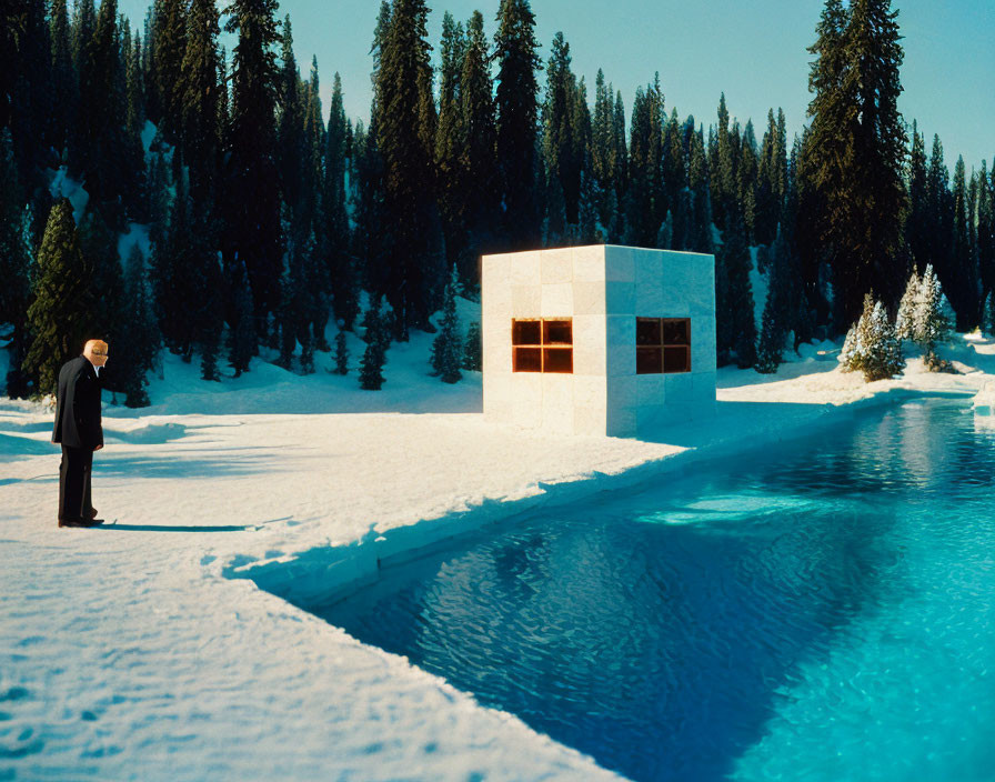 Man in suit by snowy pool with trees and building under blue sky