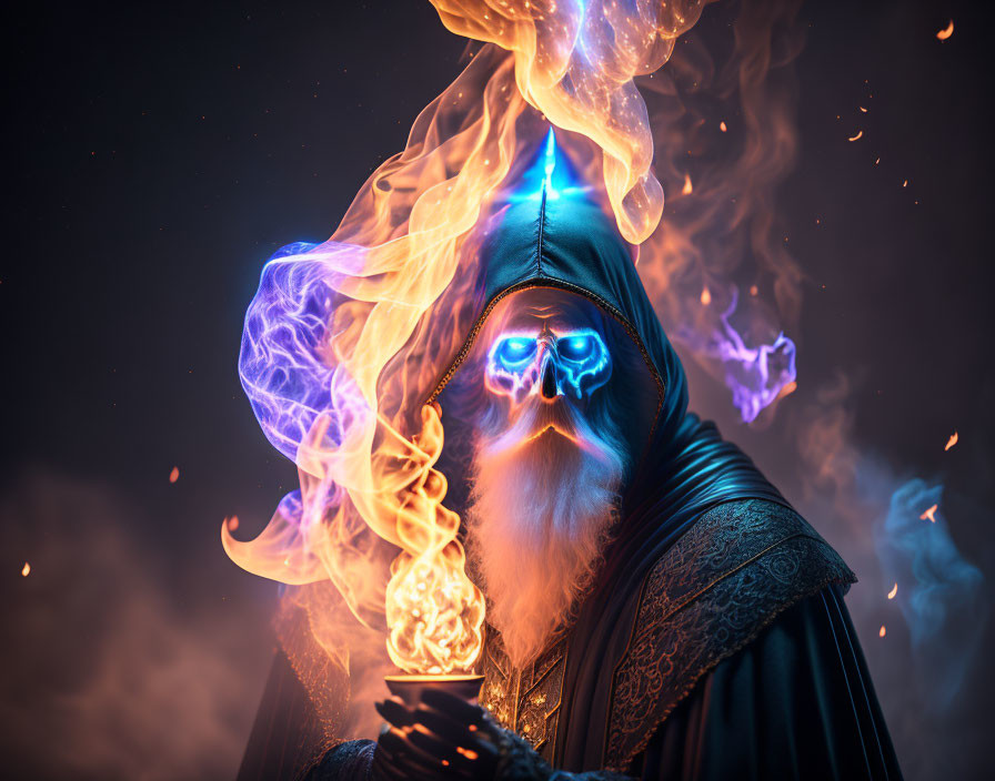 Hooded figure with glowing eyes summons blue flames in smoky setting