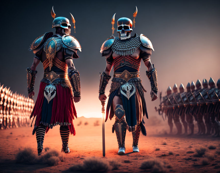 Armored warriors in fantasy-style armor face army in desert at dusk