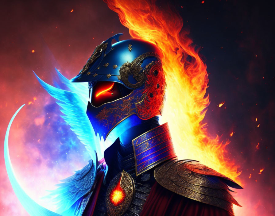 Colorful warrior illustration in blue armor with flaming mane and crescent emblem on fiery backdrop