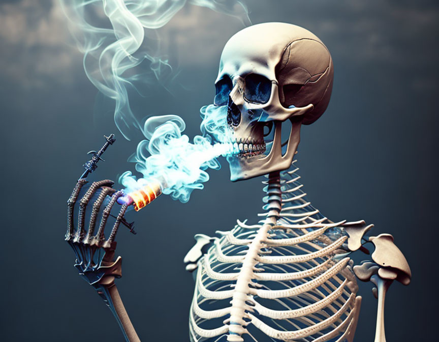 Human skeleton smoking cigarette with smoke, digital illustration.