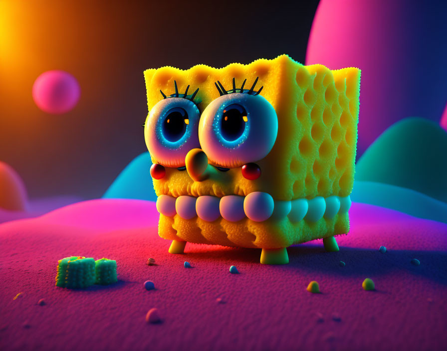 Colorful 3D SpongeBob SquarePants illustration with large eyes and whimsical expression on vibrant