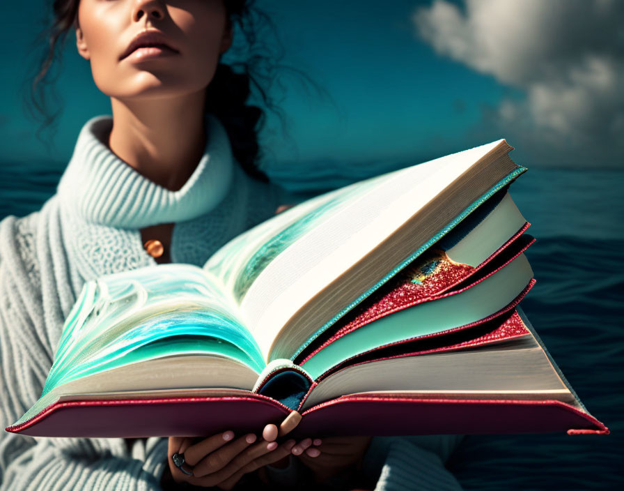 Person in Turtleneck Holding Colorful Book Outdoors