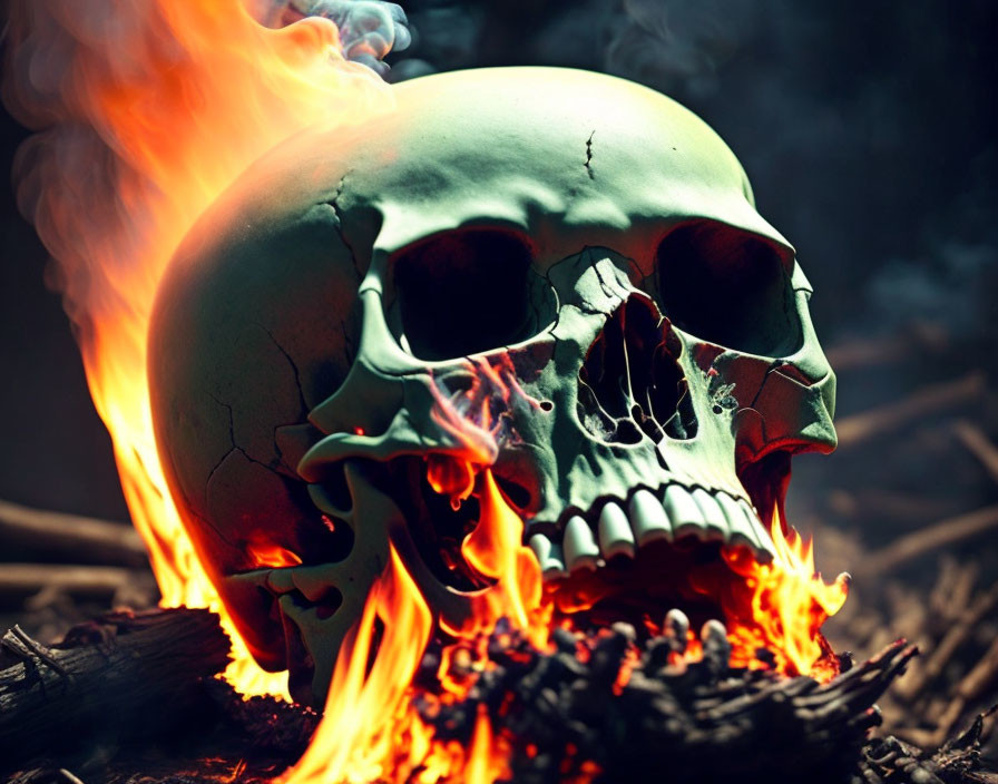 Flaming human skull on twigs: Sinister and cracked aesthetic