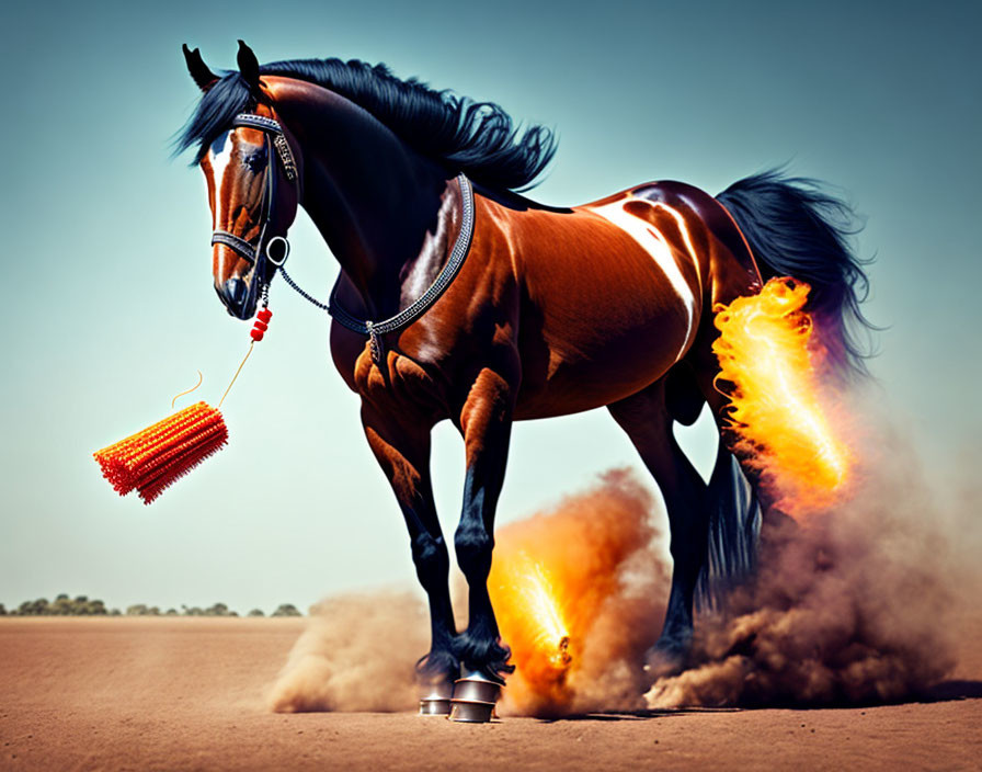 Brown horse with black mane in bridle stands on platforms with fiery smoke.