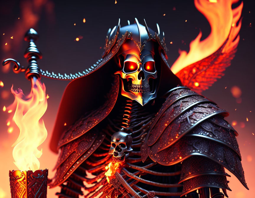 Skull-faced figure in fiery armor wields flaming sword