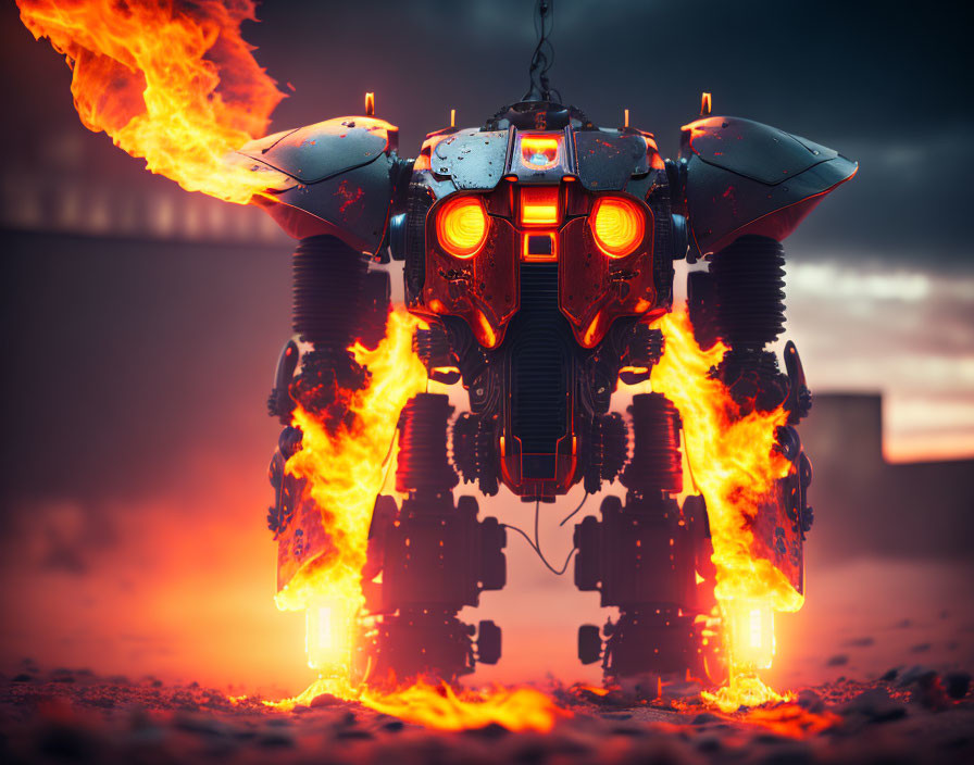 Glowing red-eyed robot in apocalyptic scene